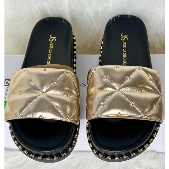 Women's Jessica Simpson Gold Quilted Studded Slide Sandals Size 5.5 - Picture 4 of 9